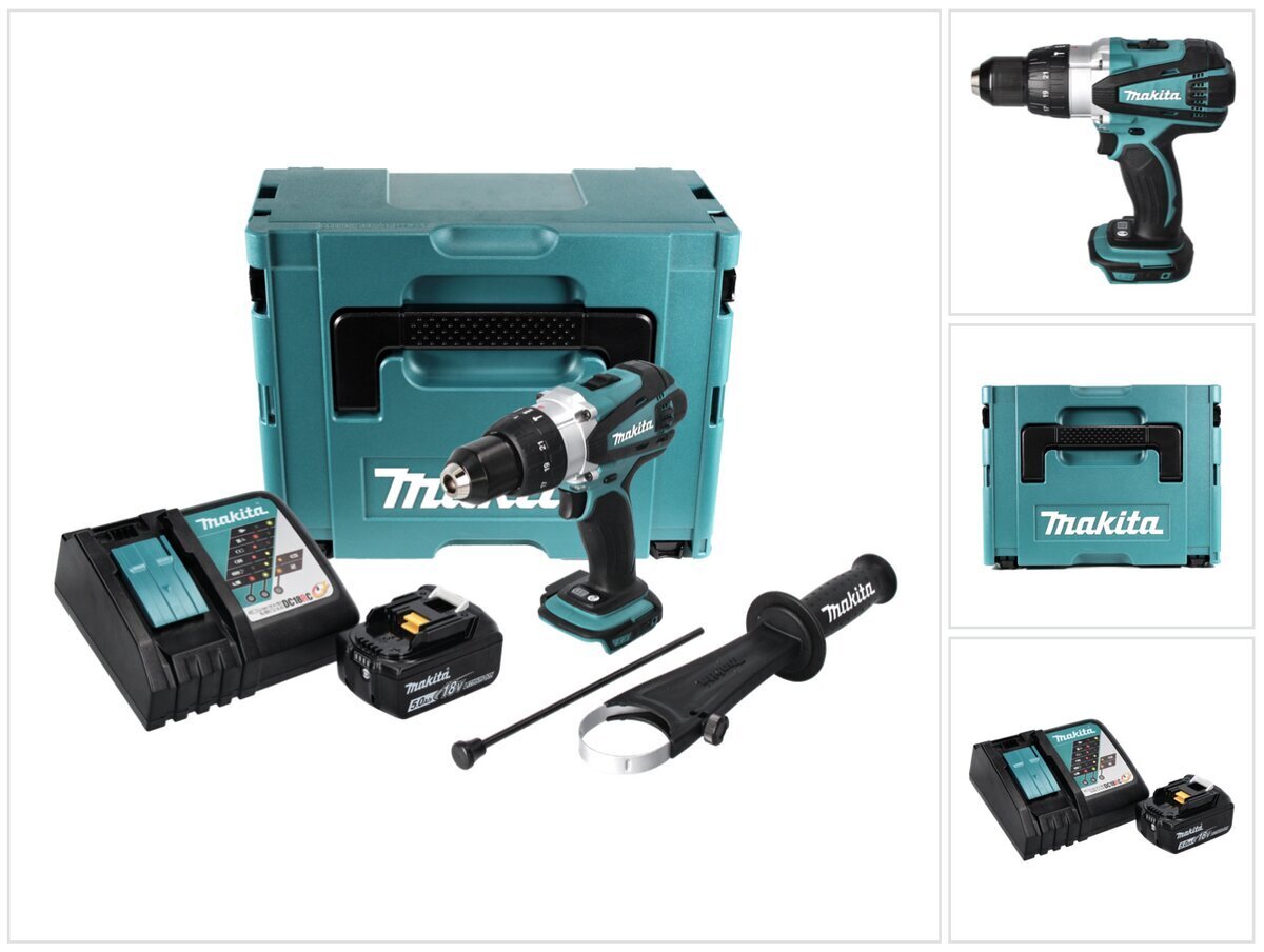 Makita DHP 458 RT1J akkuiskuporakone 18 V 91 Nm + 1x akku 5,0 Ah + laturi + Makpac hinta ja tiedot | Akkuporakoneet ja ruuvinvääntimet | hobbyhall.fi