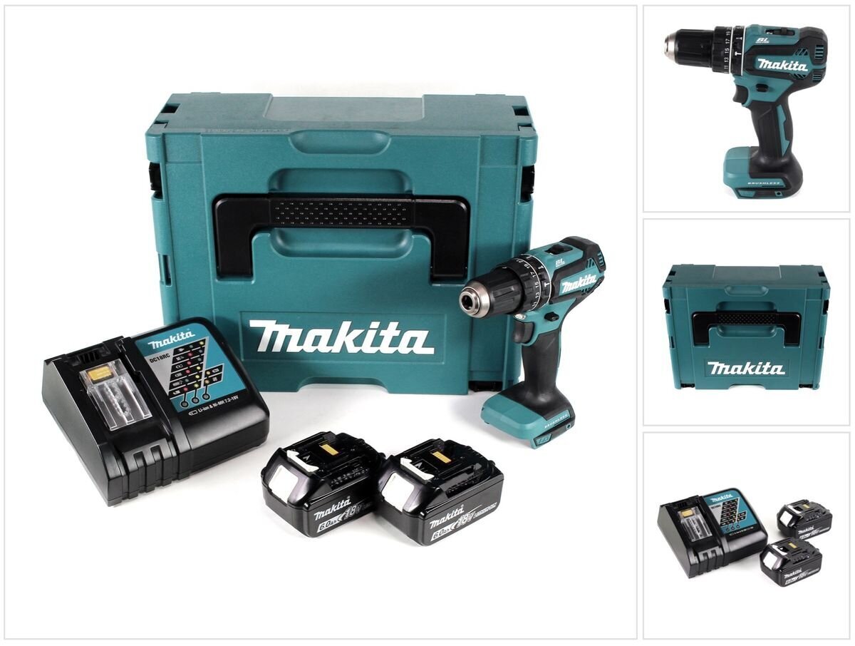 Makita DHP 485 RGJ akkukäyttöinen iskuporakone 18V 50Nm sekä akkua 6,0Ah ja pikalaturi, Makpac hinta ja tiedot | Akkuporakoneet ja ruuvinvääntimet | hobbyhall.fi