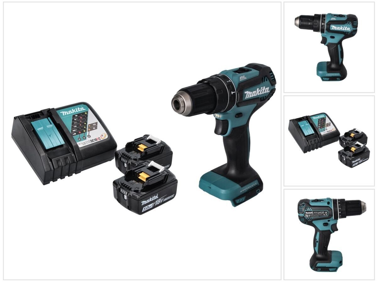 Makita DHP 485 RT akkuiskuporakone 18 V 50 Nm + 2x akku 5,0 Ah + laturi hinta ja tiedot | Akkuporakoneet ja ruuvinvääntimet | hobbyhall.fi