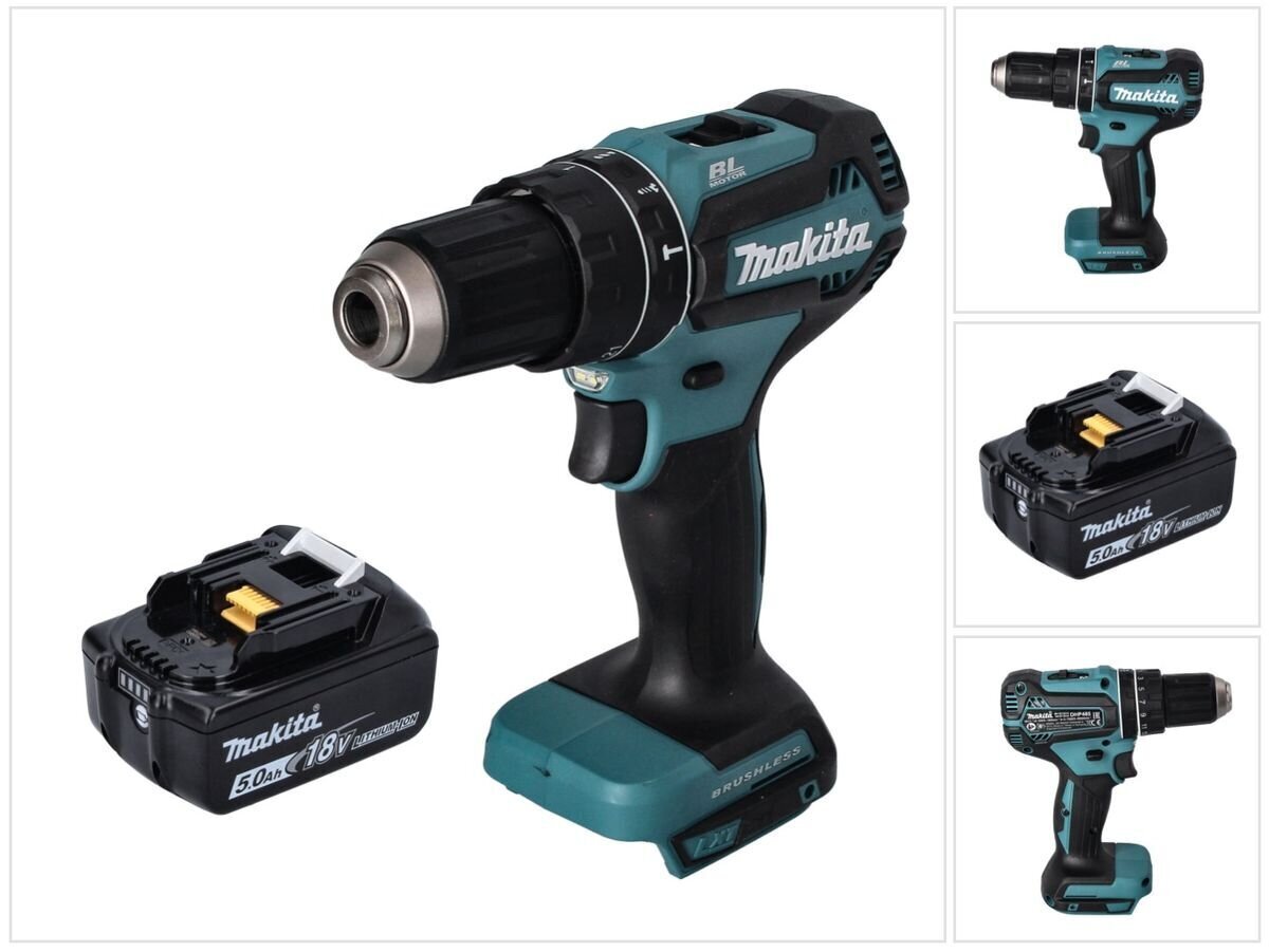 Makita DHP 485 T1 akkukäyttöinen porakone 18 V 50 Nm sekä akku 5,0 Ah, pakkauksessa ei ole mukana laturia hinta ja tiedot | Akkuporakoneet ja ruuvinvääntimet | hobbyhall.fi