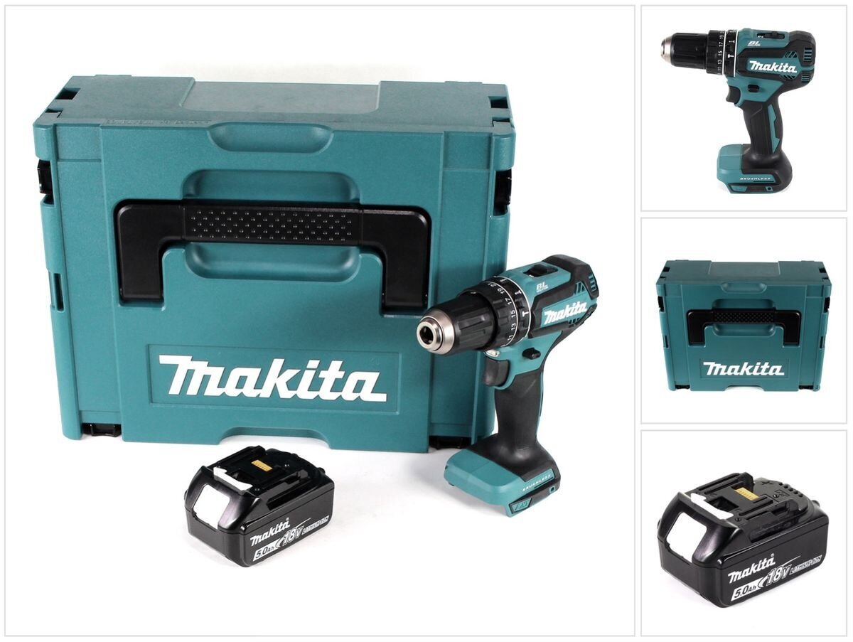 Makita DHP 485 RTJ 18 V Li-Ion akkuporakone ja Makpac sekä 5,0 Ah akku ja laturi hinta ja tiedot | Akkuporakoneet ja ruuvinvääntimet | hobbyhall.fi