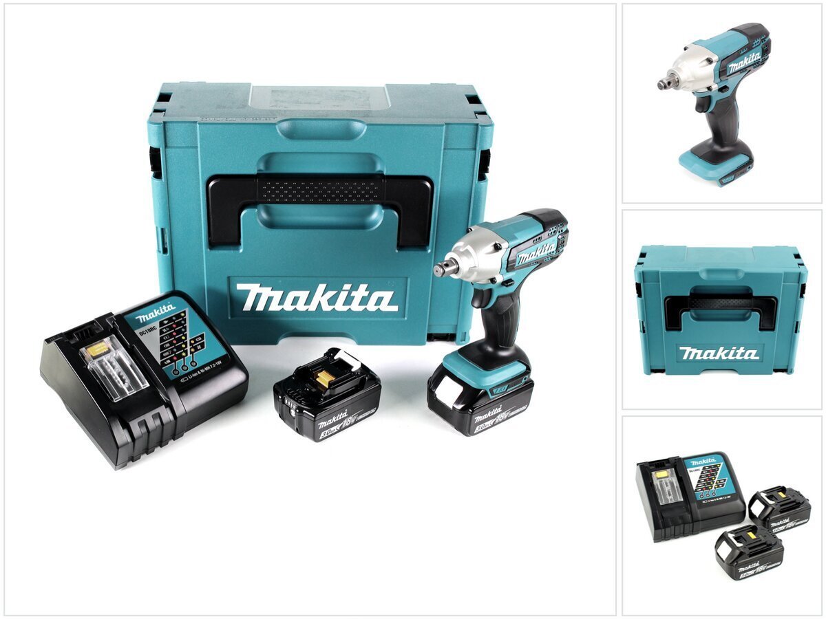 Makita DTW 190 RFJ akkukäyttöinen iskuväännin 18V + 2x akut 3,0Ah + pikalaturi + Makpac hinta ja tiedot | Akkuporakoneet ja ruuvinvääntimet | hobbyhall.fi