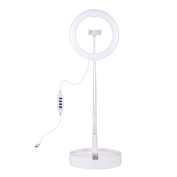 LED rengasvalaisin 26cm, jalustalla jopa 138cm, puhelimen pidikkeellä, USB:llä hinta ja tiedot | Valokuvaustarvikkeet | hobbyhall.fi