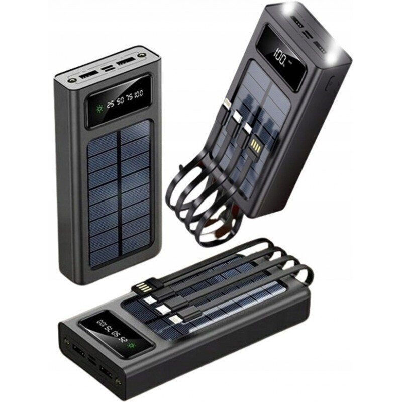 Aurinkokennolla varustettu Powerbank, microUSB, USB-C, Lightning, USB, 30000 mAh kaapeleilla hinta ja tiedot | Varavirtalähteet | hobbyhall.fi