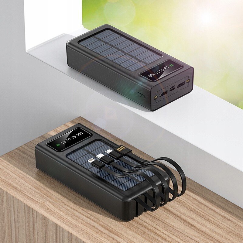 Aurinkokennolla varustettu Powerbank, microUSB, USB-C, Lightning, USB, 30000 mAh kaapeleilla hinta ja tiedot | Varavirtalähteet | hobbyhall.fi