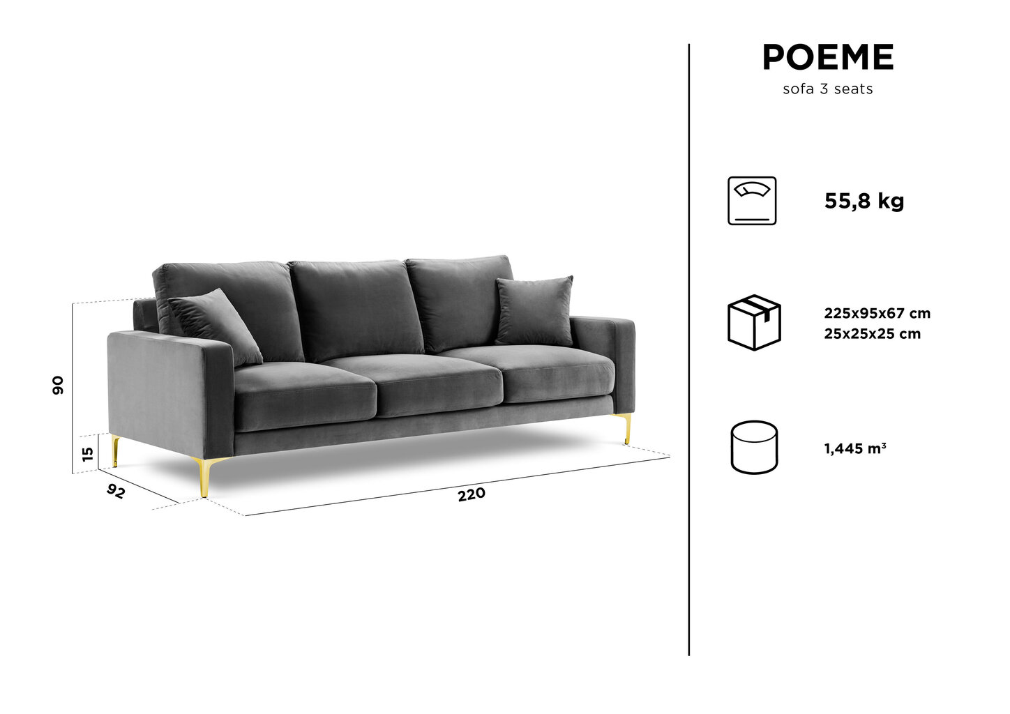 Kolmen istuttava samettisohva Kooko Home Poeme, harmaa hinta ja tiedot | Sohvat ja vuodesohvat | hobbyhall.fi