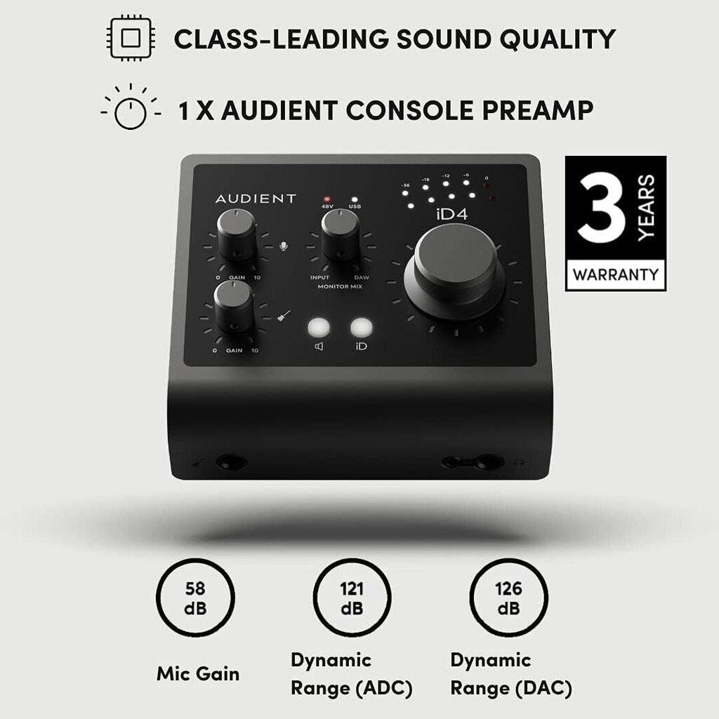 Audiorajapinta ID4 MKII, luokan A konsolimikrofonin esivahvistin (Nopea USB-C, Monitor Mix and Monitor Paning -toiminto, 2 kuulokelähtöä, MAC/PC/IOS Compatible), Musta, ID MKII hinta ja tiedot | Soittimien lisätarvikkeet | hobbyhall.fi