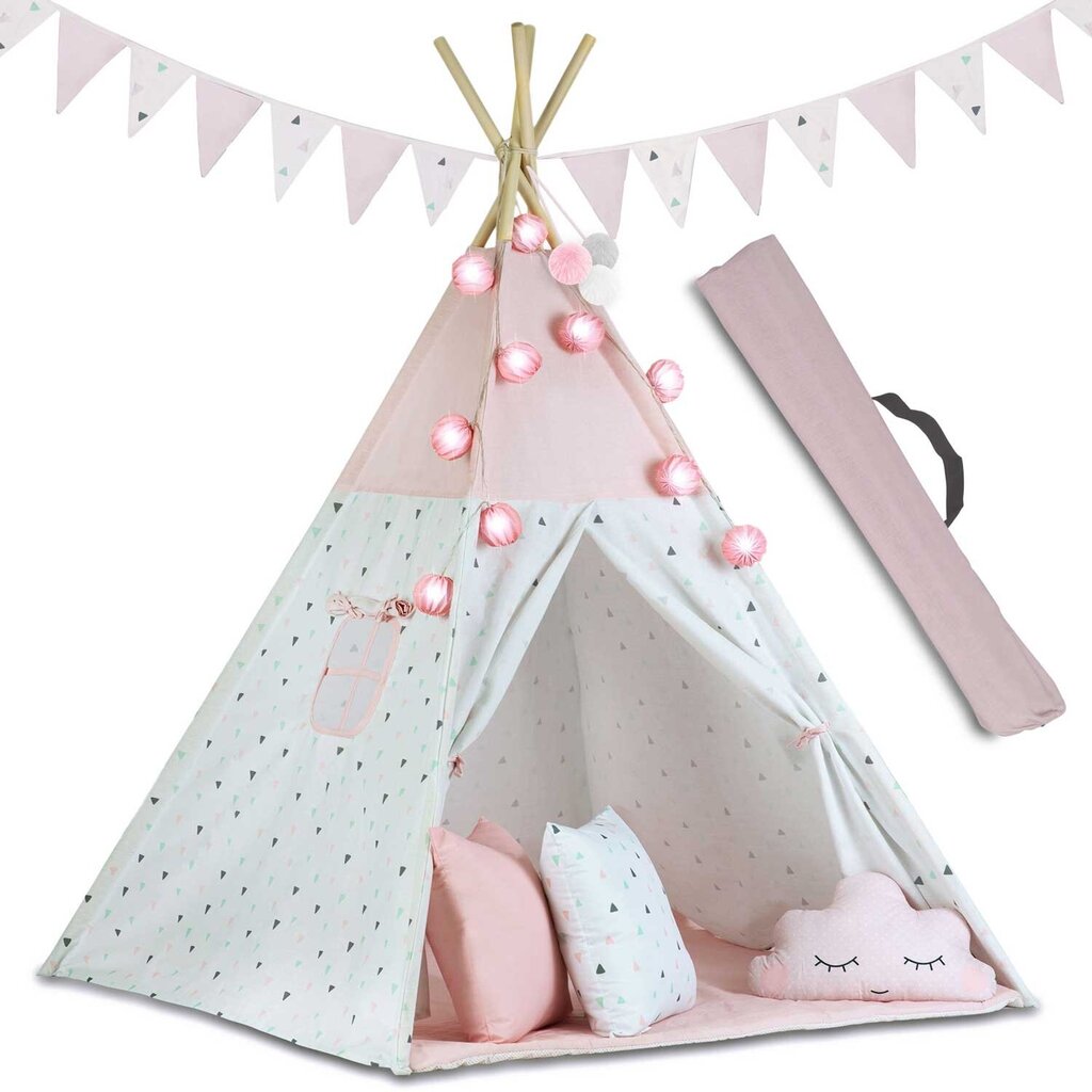 Lasten teltta koristenauhalla ja valoilla, vaaleanpunainen hinta ja tiedot | Lasten leikkimökit ja -teltat | hobbyhall.fi