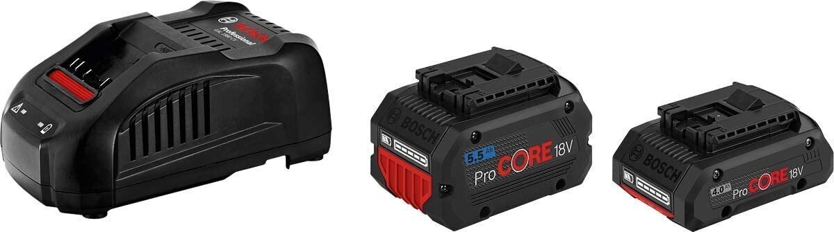 Akut + laturi Bosch GBA 18V / 4.0Ah ProCORE 18V + 5.5Ah ProCORE 18V + GAL 1880 CV hinta ja tiedot | Akkuporakoneet ja ruuvinvääntimet | hobbyhall.fi