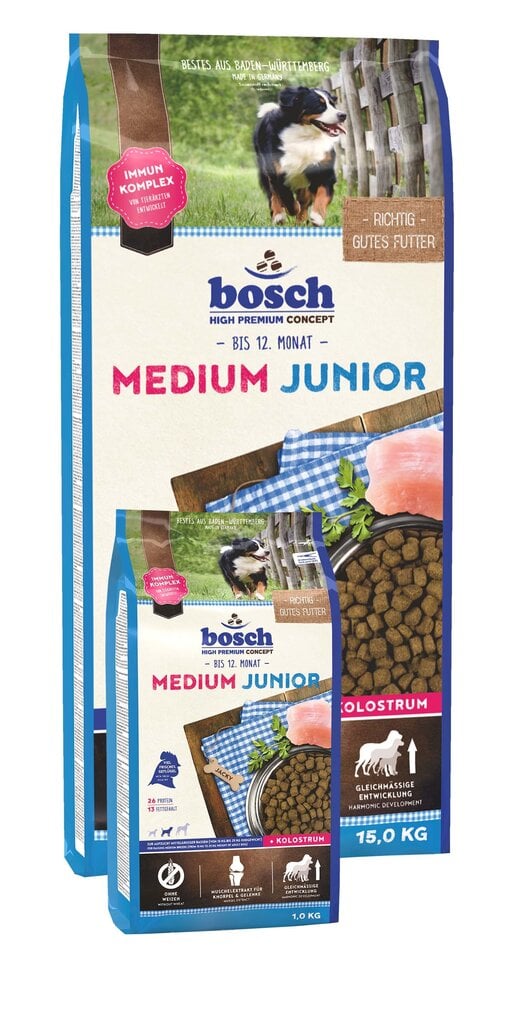 Bosch Petfood Medium Junior High Premium keskikokoisten rotujen pennuille, 15 kg+2 kg hinta ja tiedot | Koiran kuivaruoka | hobbyhall.fi