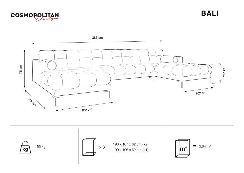 Pehmeä kulmasohva Cosmopolitan Design Bali 7, vaaleanharmaa/kulta hinta ja tiedot | Kulmasohvat ja divaanisohvat | hobbyhall.fi