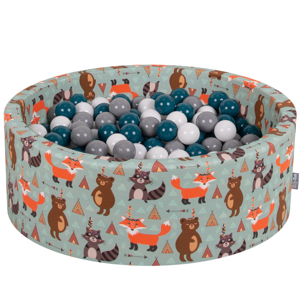 KiddyMoon Pyöreä palloallas 90X30cm/300 palloa ∅ 7Cm, Foxes Green: Tumman turkoosi/harmaa/valkoinen hinta ja tiedot | Vauvan lelut | hobbyhall.fi