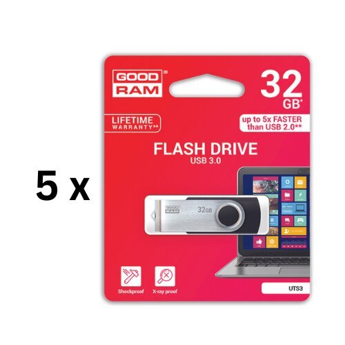 Muistitikku USB 3.0 GOODRAM UTS3 32GB, musta sp. paketti 5 kpl. hinta ja tiedot | Muistitikut | hobbyhall.fi