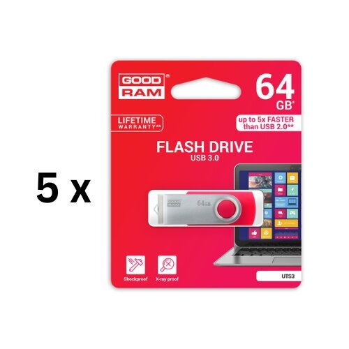 Muistitikku USB 3.0 GOODRAM UTS3 64GB, punainen sp. paketti 5 kpl. hinta ja tiedot | Muistitikut | hobbyhall.fi