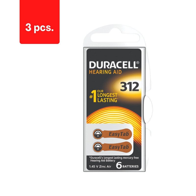 Kuulokojeen paristot DURACELL 312, 6 kpl, 3 kpl:n pakkaus. hinta ja tiedot | Paristot | hobbyhall.fi