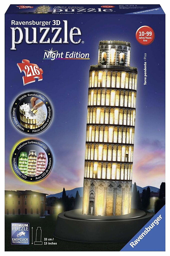 3D-valaistu LED-palapeli Pisan torni, Ravensburger Night, 12515, 216 palaa hinta ja tiedot | Palapelit | hobbyhall.fi