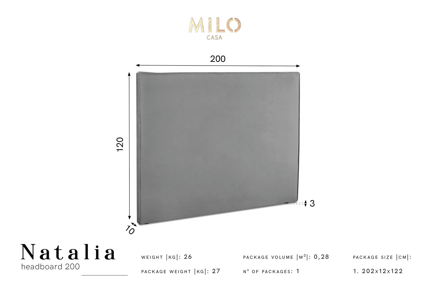 Milo Casa Natalia -sängynpääty, 200 cm, harmaa hinta ja tiedot | Sängyt | hobbyhall.fi