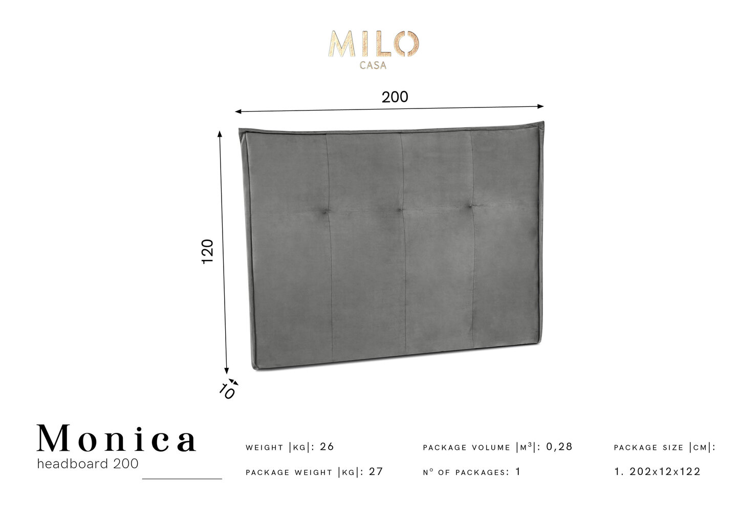 Milo Casa Monica -sängynpääty, 200 cm, harmaa hinta ja tiedot | Sängyt | hobbyhall.fi