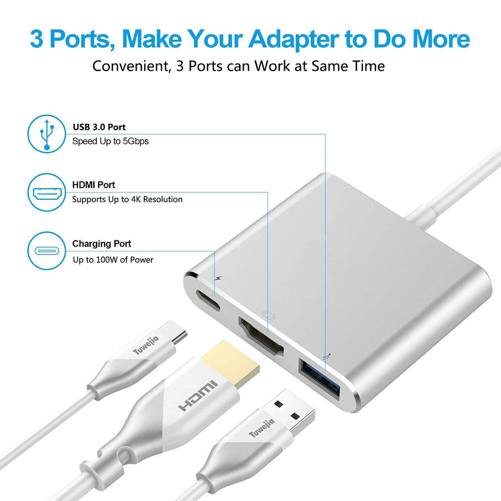 3in1 USB-C Digital AV Multiport adapteri – Harmaa hinta ja tiedot | Adapterit | hobbyhall.fi