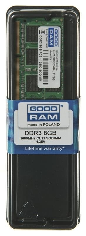 GOODRAM SO-DIMM DDR3 8192MB PC1600 CL11 512x8 1,35V hinta ja tiedot | Muisti (RAM) | hobbyhall.fi