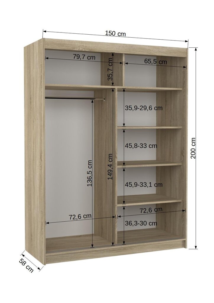 Kaappi ADRK Furniture Jordi, 150 x 58 x 200 cm, tammi/valkoinen hinta ja tiedot | Kaapit | hobbyhall.fi