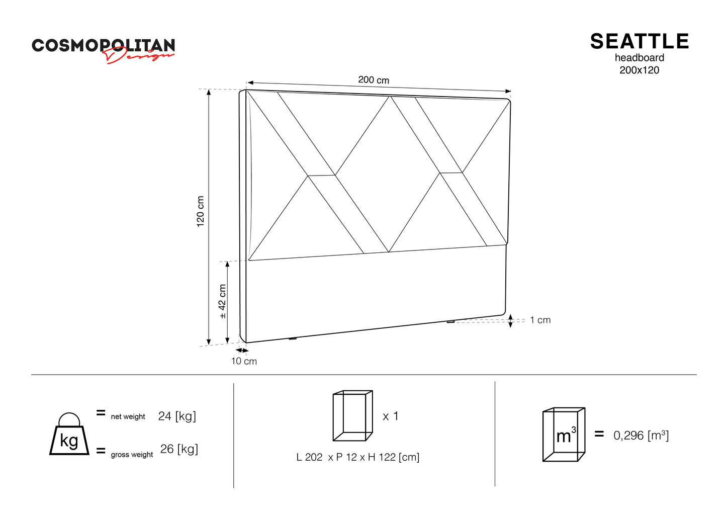 Sängynpääty Cosmopolitan Design Seattle 200 cm, beige hinta ja tiedot | Sängyt | hobbyhall.fi