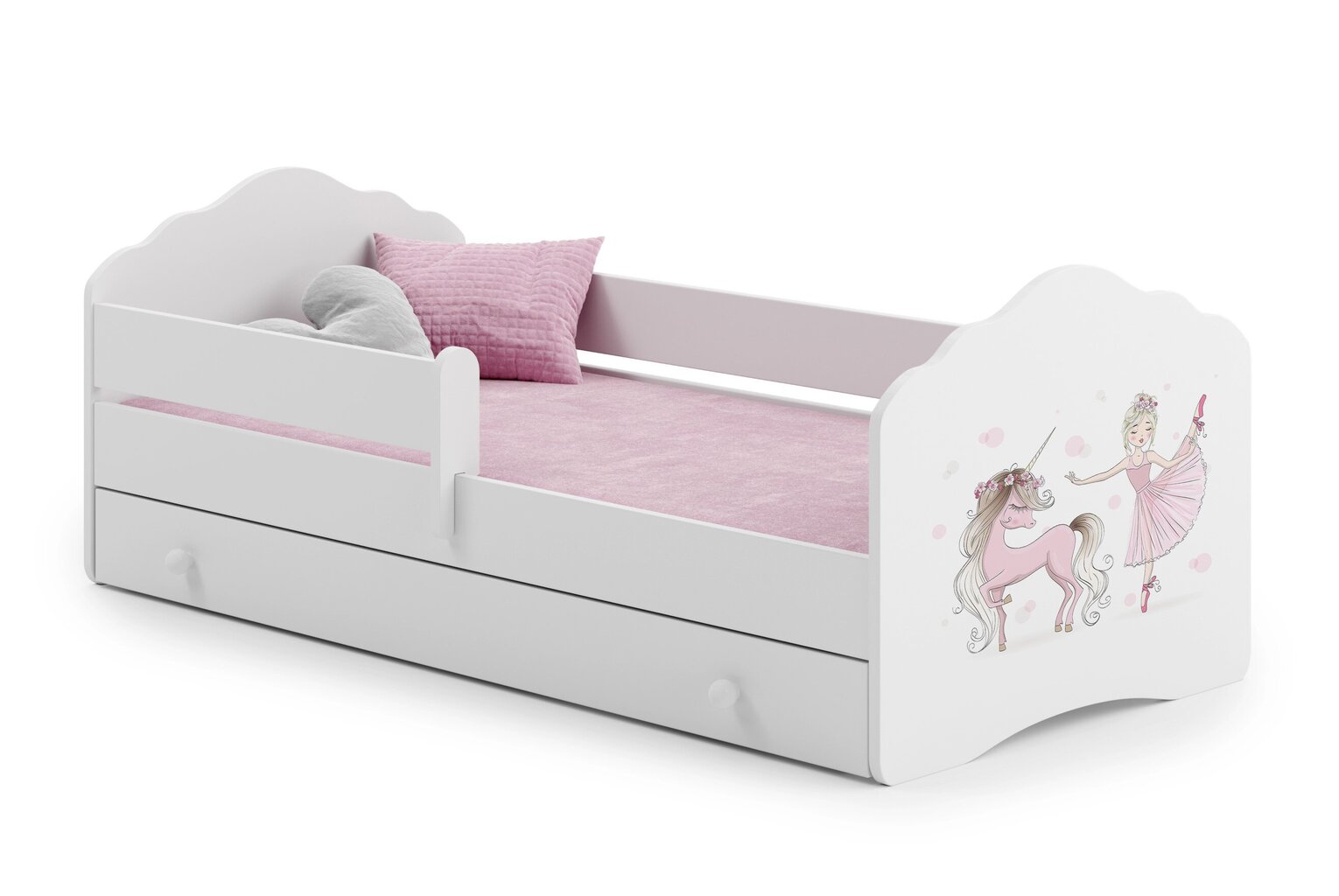 Lastensänky Casimo Barrier Ballerina with Unicorn 160x80cm + patja + säilytyslaatikko hinta ja tiedot | Lastensängyt | hobbyhall.fi