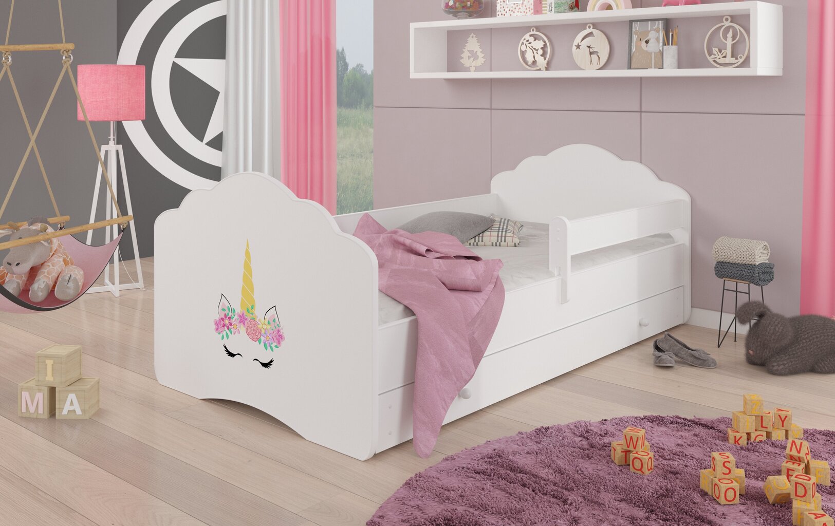 Lasten sänky Casimo Barrier Unicorn 160x80cm + patja + säilytyslaatikko hinta ja tiedot | Lastensängyt | hobbyhall.fi