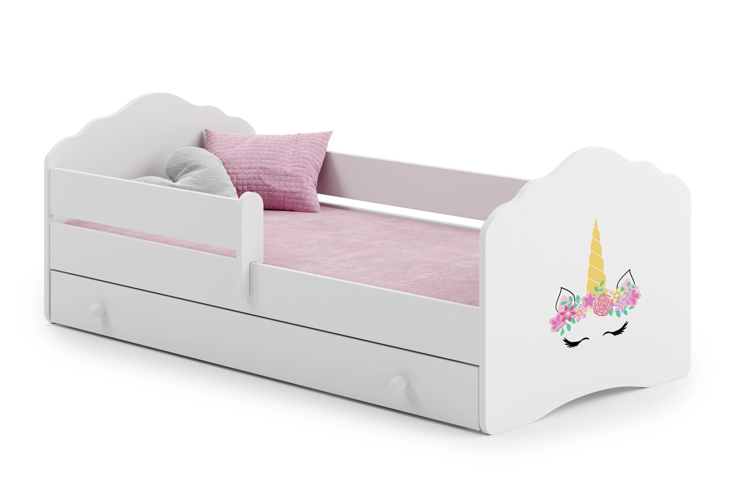 Lasten sänky Casimo Barrier Unicorn 160x80cm + patja + säilytyslaatikko hinta ja tiedot | Lastensängyt | hobbyhall.fi