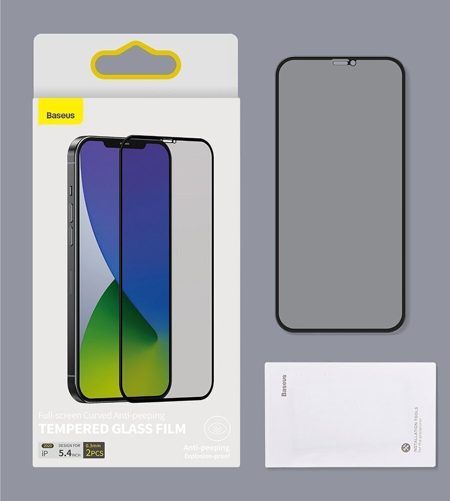 Näytönsuoja Baseus 2x Full screen 0,3 mm Anti Spy Light karkaistu lasi kehyksellä iPhone 12 mini hinta ja tiedot | Näytönsuojakalvot ja -lasit | hobbyhall.fi