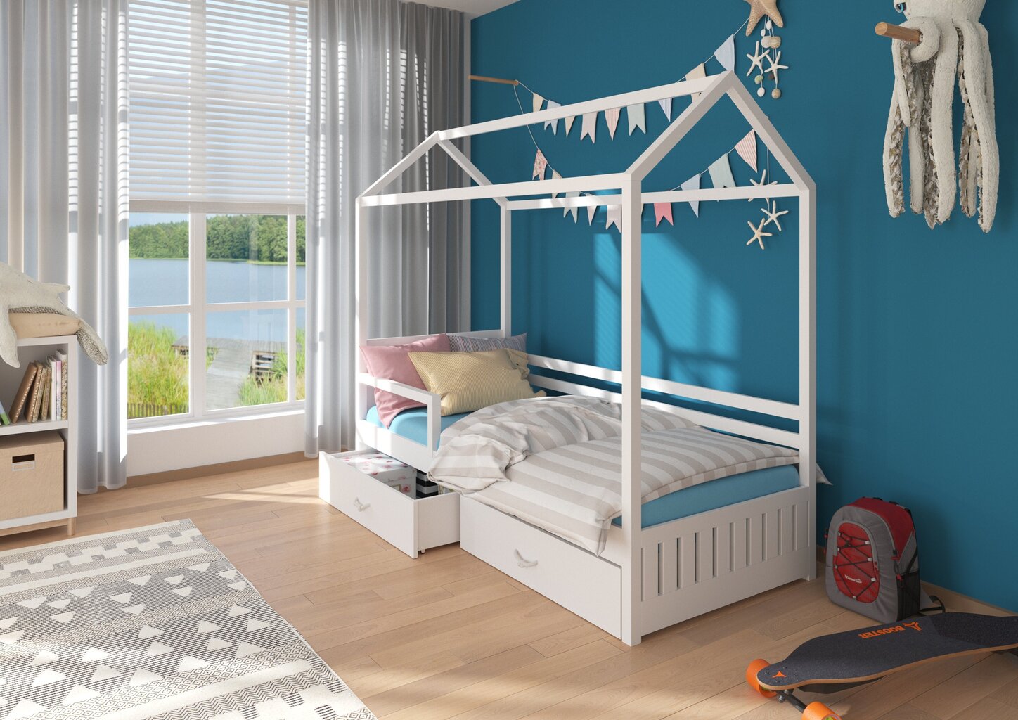 Sänky ADRK Furniture Rose 80x190 cm katto- ja sivusuojalla, valkoinen/sininen hinta ja tiedot | Lastensängyt | hobbyhall.fi