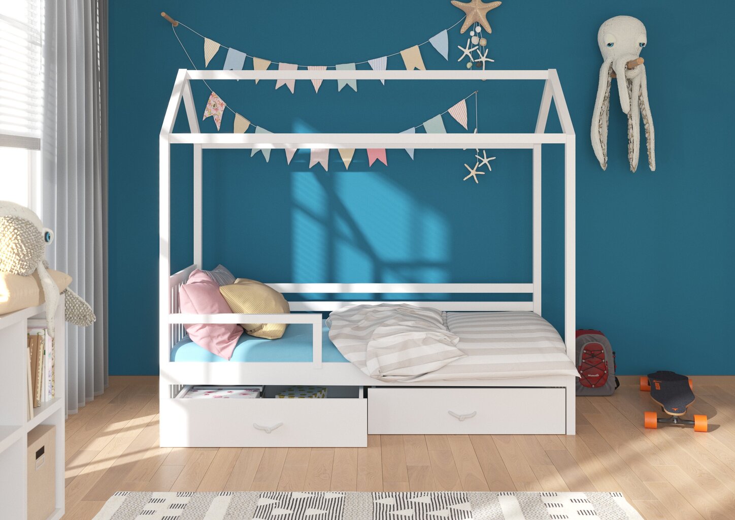 Sänky ADRK Furniture Rose 90x200 cm katto- ja sivusuojalla, valkoinen/sininen hinta ja tiedot | Lastensängyt | hobbyhall.fi