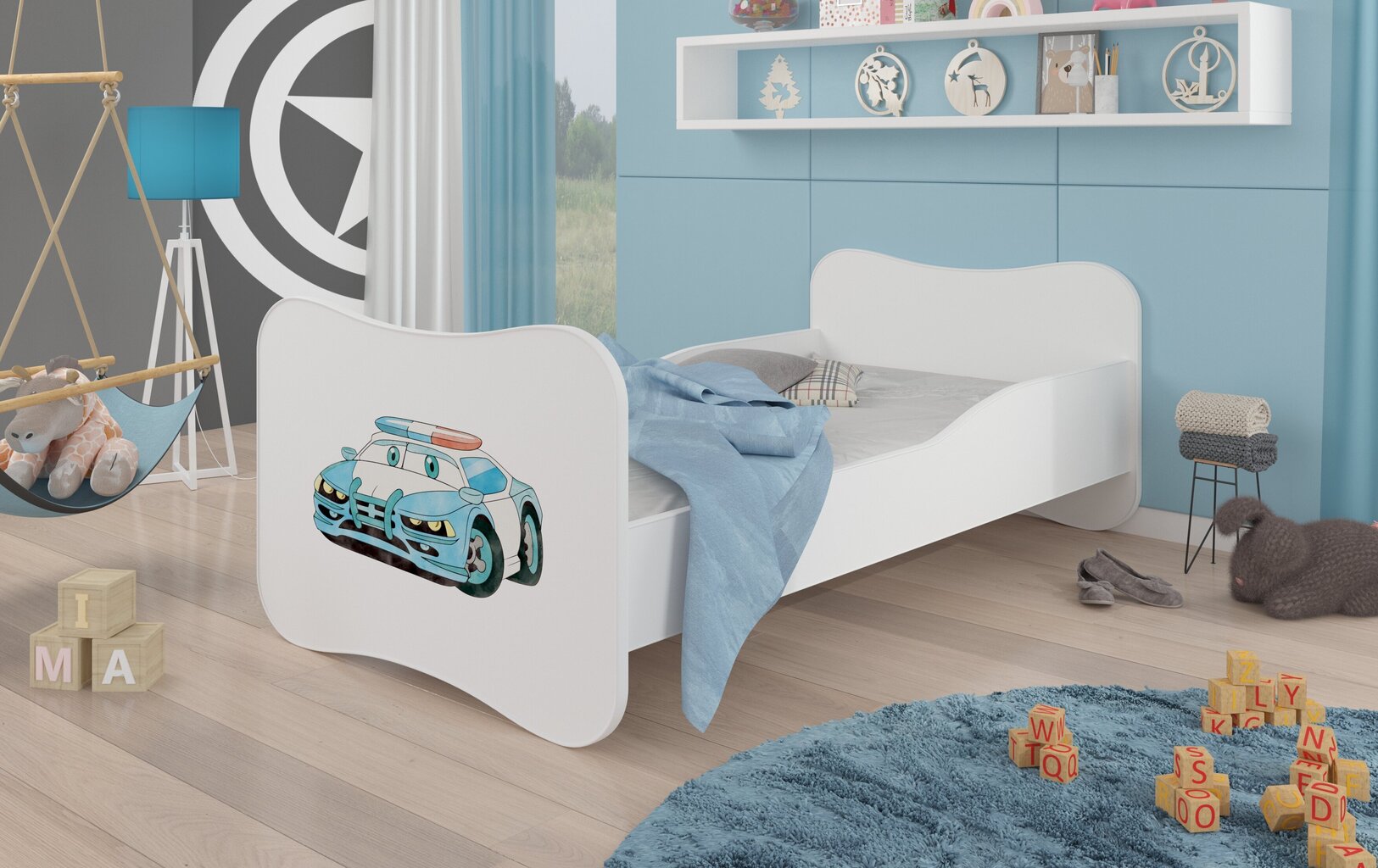 ADRK Furniture Gonzalo Police Car -lastensänky, 140 x 70 cm, valkoinen + patja hinta ja tiedot | Lastensängyt | hobbyhall.fi