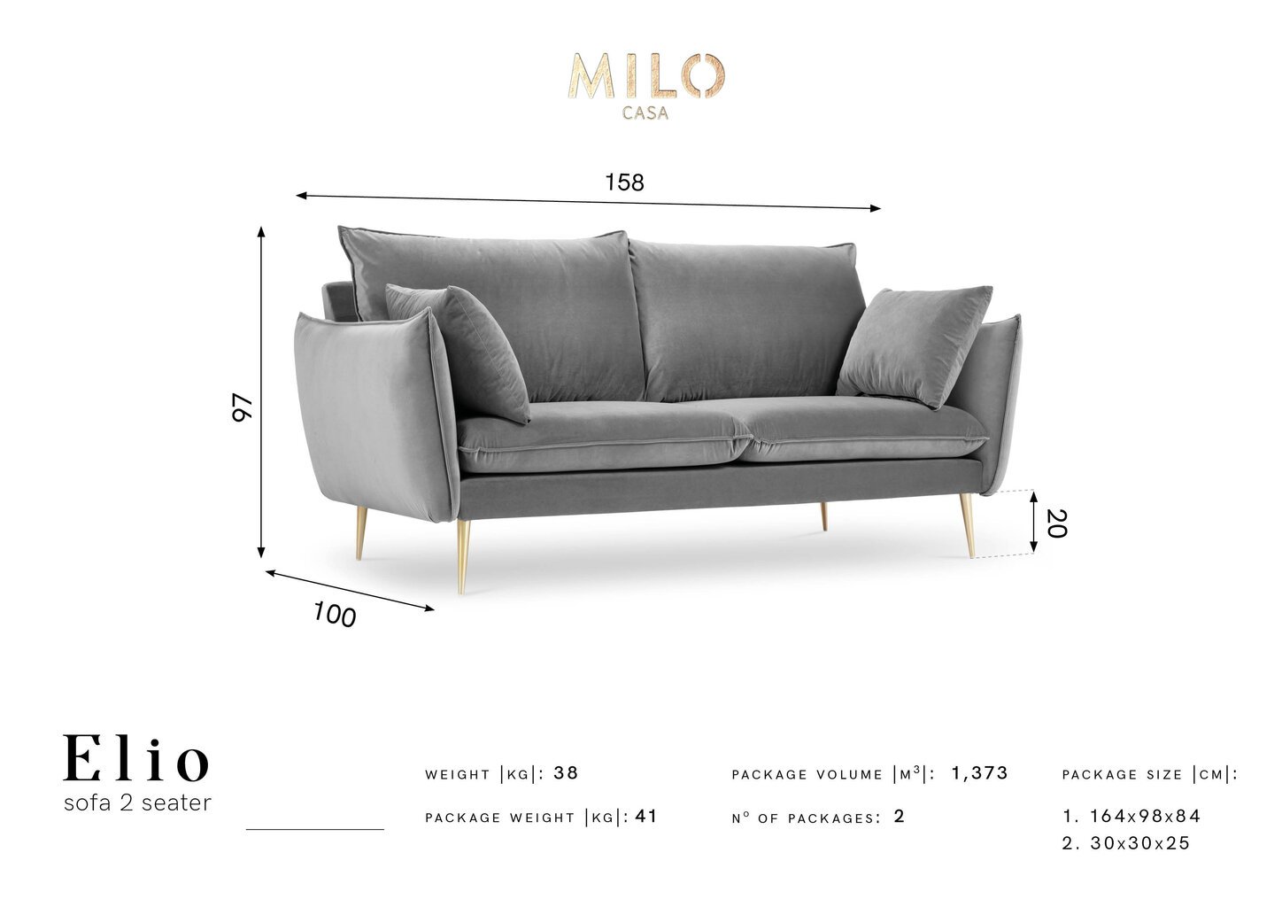 Kahden istuttava samettisohva Milo Casa Elio, harmaa/kulta hinta ja tiedot | Sohvat ja vuodesohvat | hobbyhall.fi