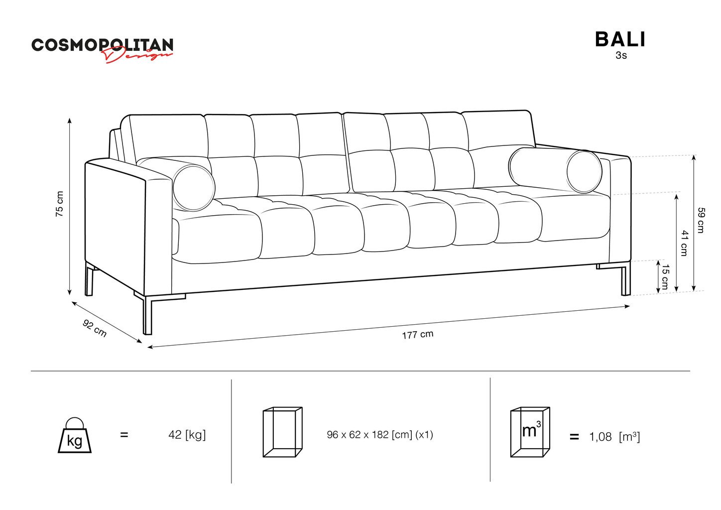 Kolmen istuttava sohva Cosmopolitan Design Bali, beige/kulta hinta ja tiedot | Sohvat ja vuodesohvat | hobbyhall.fi