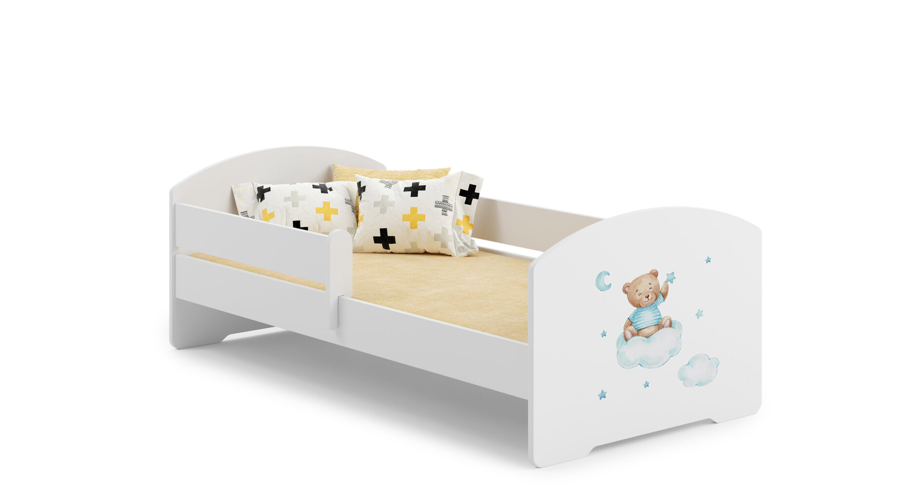 ADRK Furniture Pepe Barrier Teddy Bear and Cloud -lastensänky, 140 x 70 cm, valkoinen + patja hinta ja tiedot | Lastensängyt | hobbyhall.fi