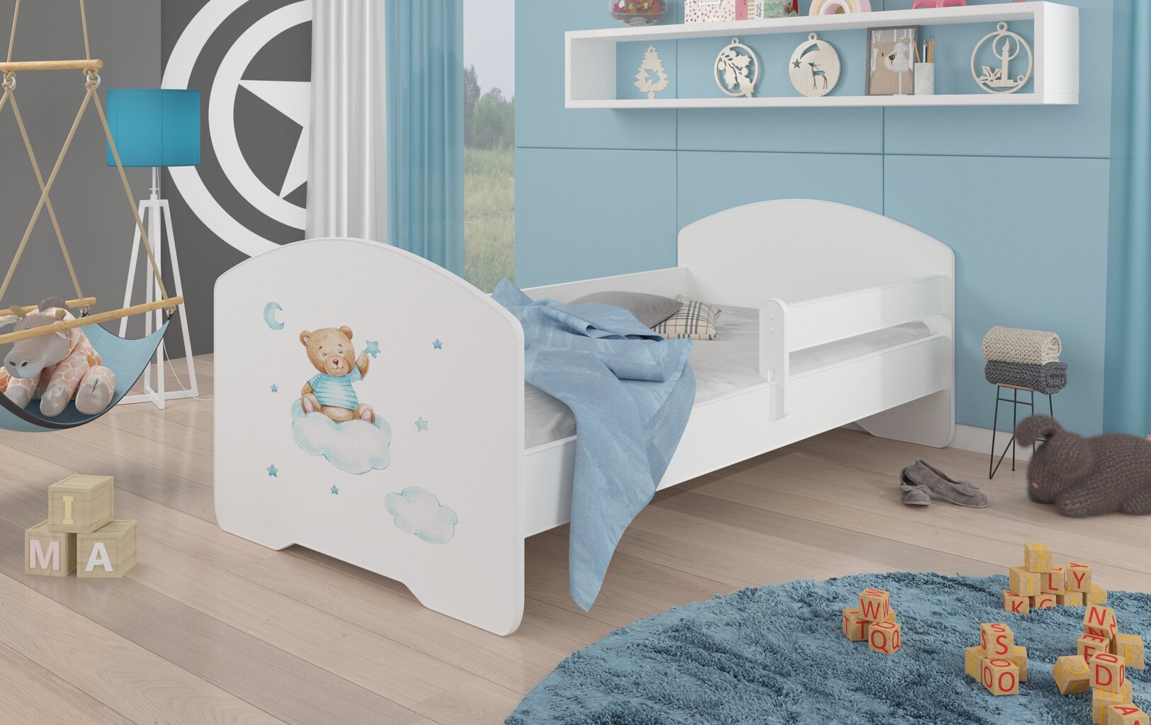 ADRK Furniture Pepe Barrier Teddy Bear and Cloud -lastensänky, 140 x 70 cm, valkoinen + patja hinta ja tiedot | Lastensängyt | hobbyhall.fi