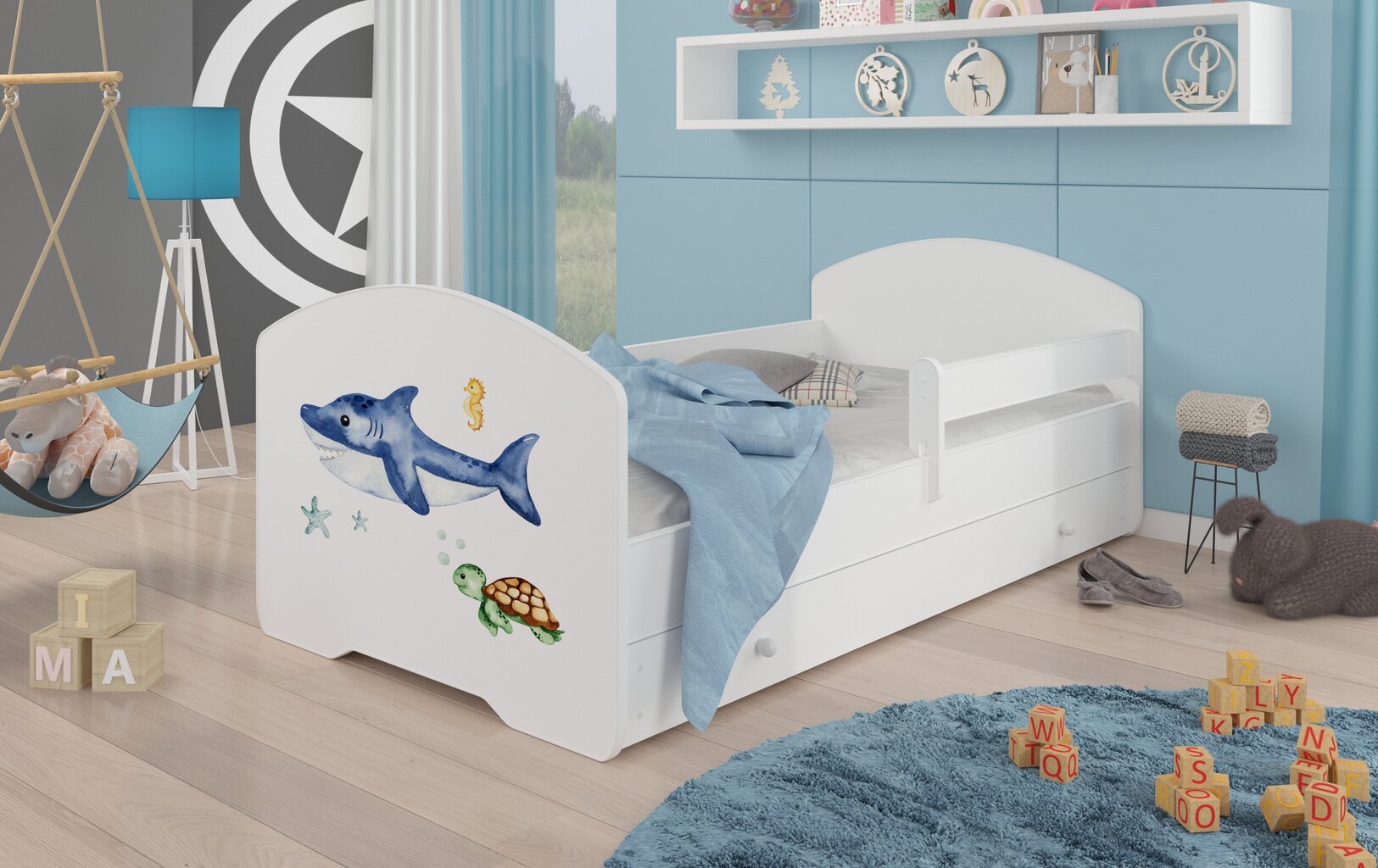 Pepe Barrier Sea Animals -lastensänky, 160 x 80 cm + patja + vuodevaatelaatikko hinta ja tiedot | Lastensängyt | hobbyhall.fi