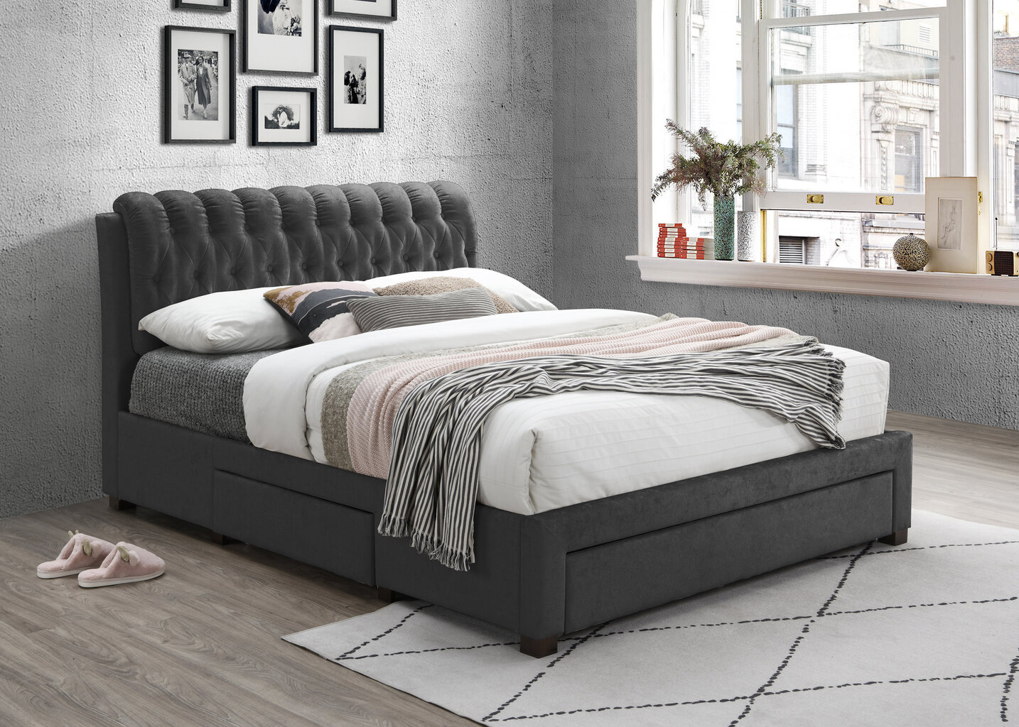 NORE Sansa sänky säilytyslaatikoilla, 160x200 cm, tummanharmaa hinta ja tiedot | Sängyt | hobbyhall.fi