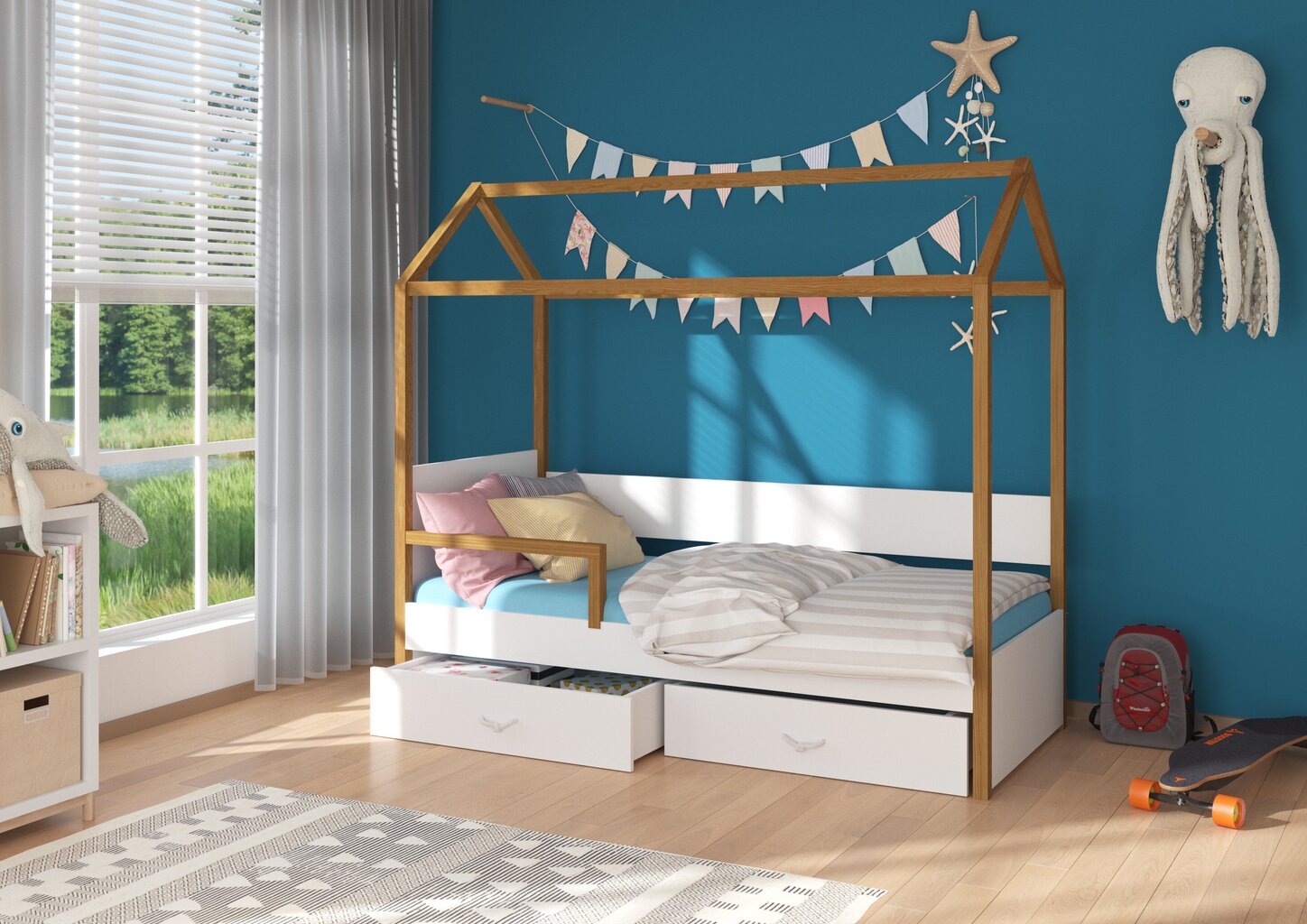 Sänky ADRK Furniture Otello 90x200 cm turvalaidalla, valkoinen/ruskea hinta ja tiedot | Lastensängyt | hobbyhall.fi