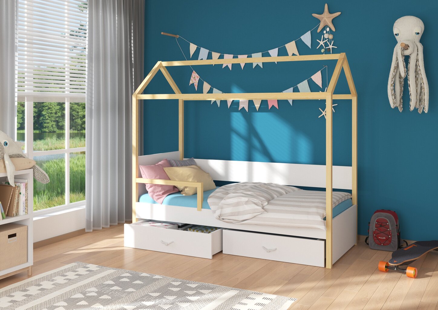 Sänky ADRK Furniture Otello 90x200 cm turvalaidalla, valkoinen/vaaleanruskea hinta ja tiedot | Lastensängyt | hobbyhall.fi