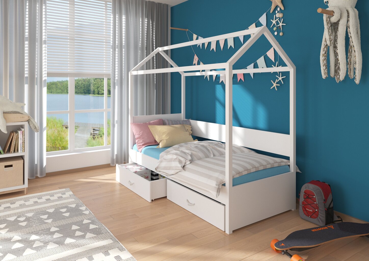Sänky ADRK Furniture Otello 80x180 cm, katoksella, valkoinen/sininen hinta ja tiedot | Lastensängyt | hobbyhall.fi