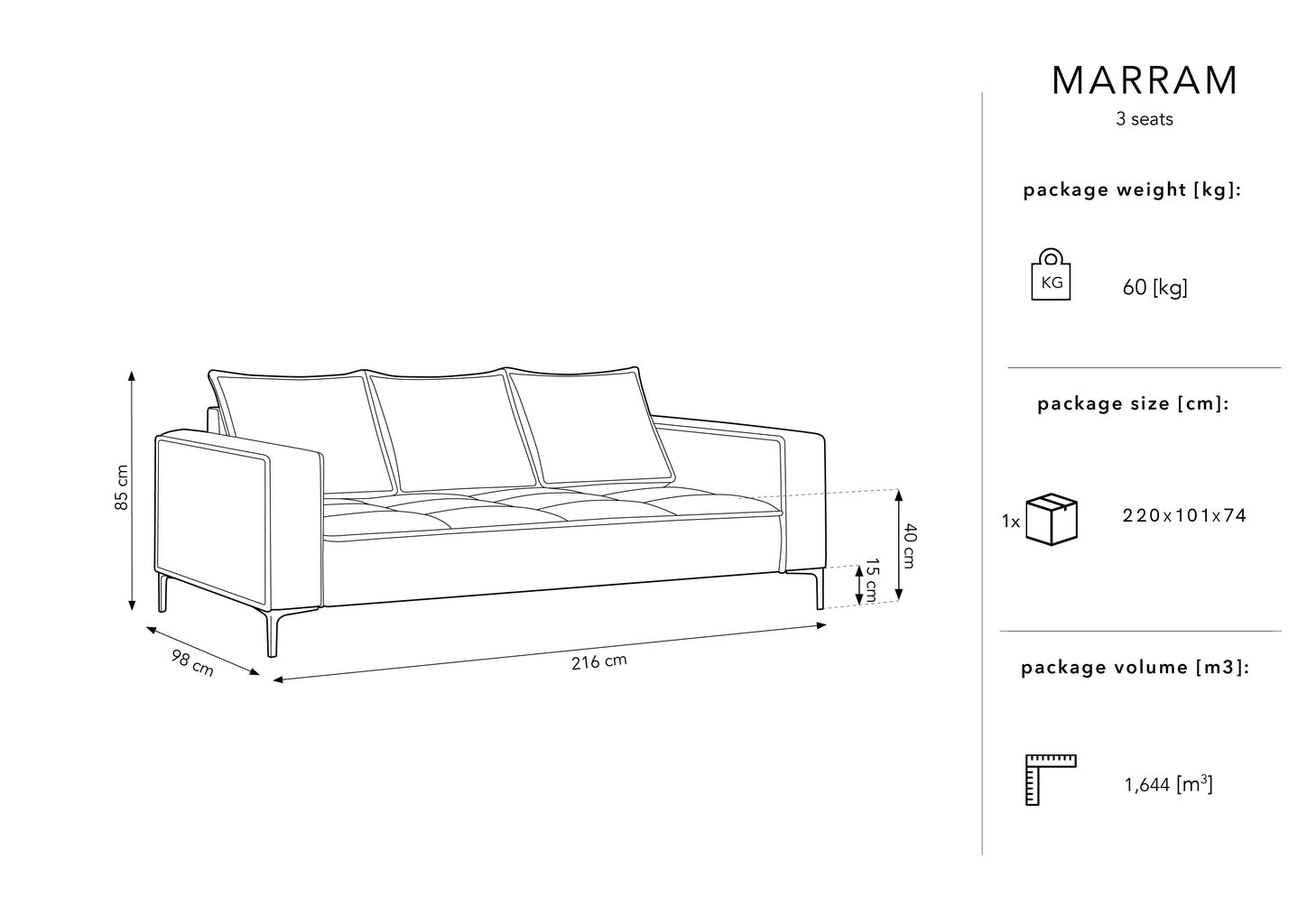 Kolmen istuttava sohva Micadoni Home Marram, harmaa/musta hinta ja tiedot | Sohvat ja vuodesohvat | hobbyhall.fi