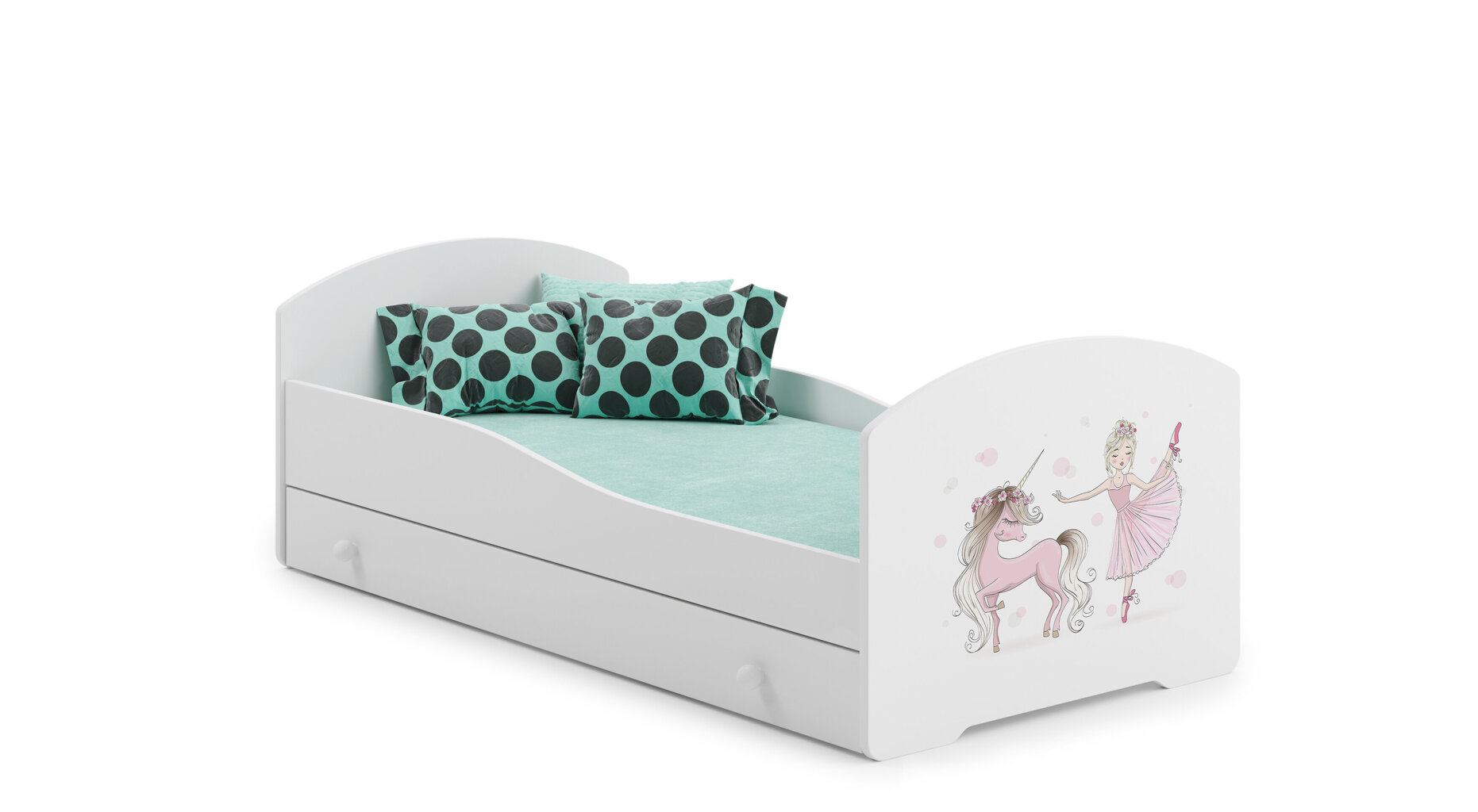 ADRK Furniture Pepe Ballerina with Unicorn -lastensänky, 140 x 70 cm, valkoinen + patja + vuodevaatelaatikko hinta ja tiedot | Lastensängyt | hobbyhall.fi