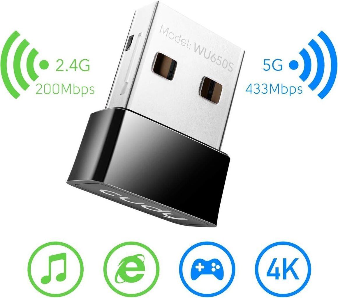 Cudy AC650 USB WLAN -keppi, WLAN-sovitin PC-nanokokoon, yhteensopiva Windows XP: n, 7, 8, 8.1.10, Mac OS 10.10-10.14, WU650 kanssa hinta ja tiedot | Adapterit | hobbyhall.fi
