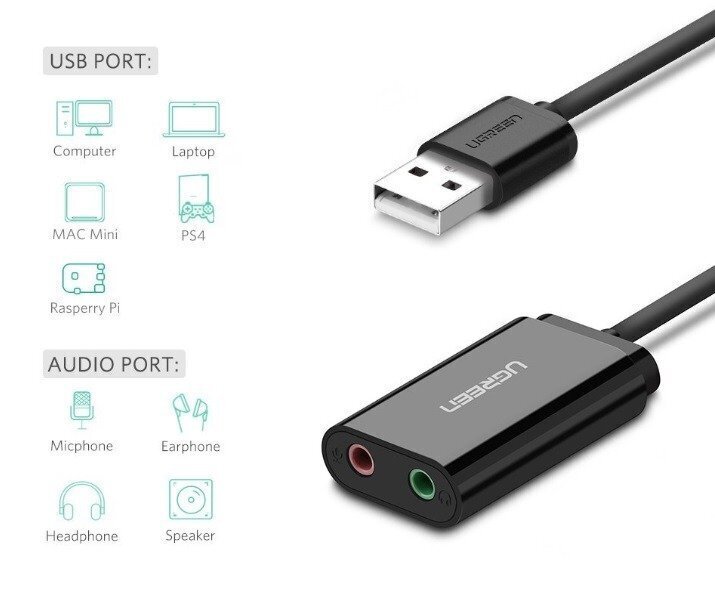 UGREEN Ulkoinen USB-äänikortti UGREEN 15cm (musta) hinta ja tiedot | Adapterit | hobbyhall.fi