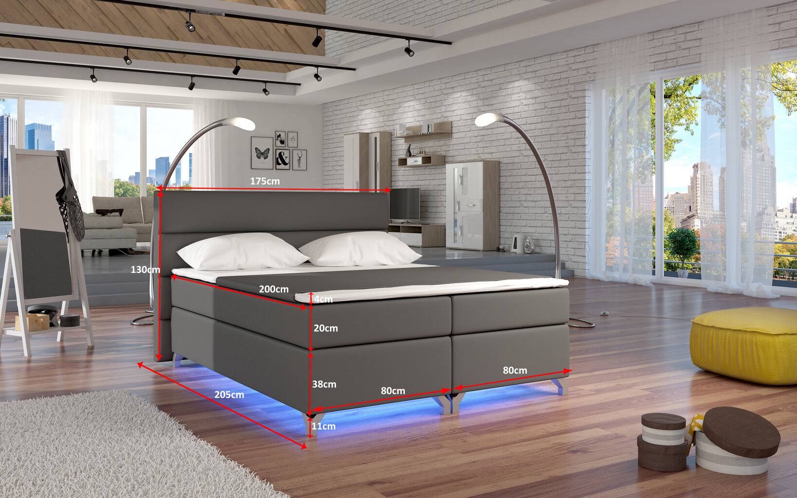 Sänky Amadeo LED-valaistuksella, 140x200 cm, synteettinen nahka, tummansininen hinta ja tiedot | Sängyt | hobbyhall.fi