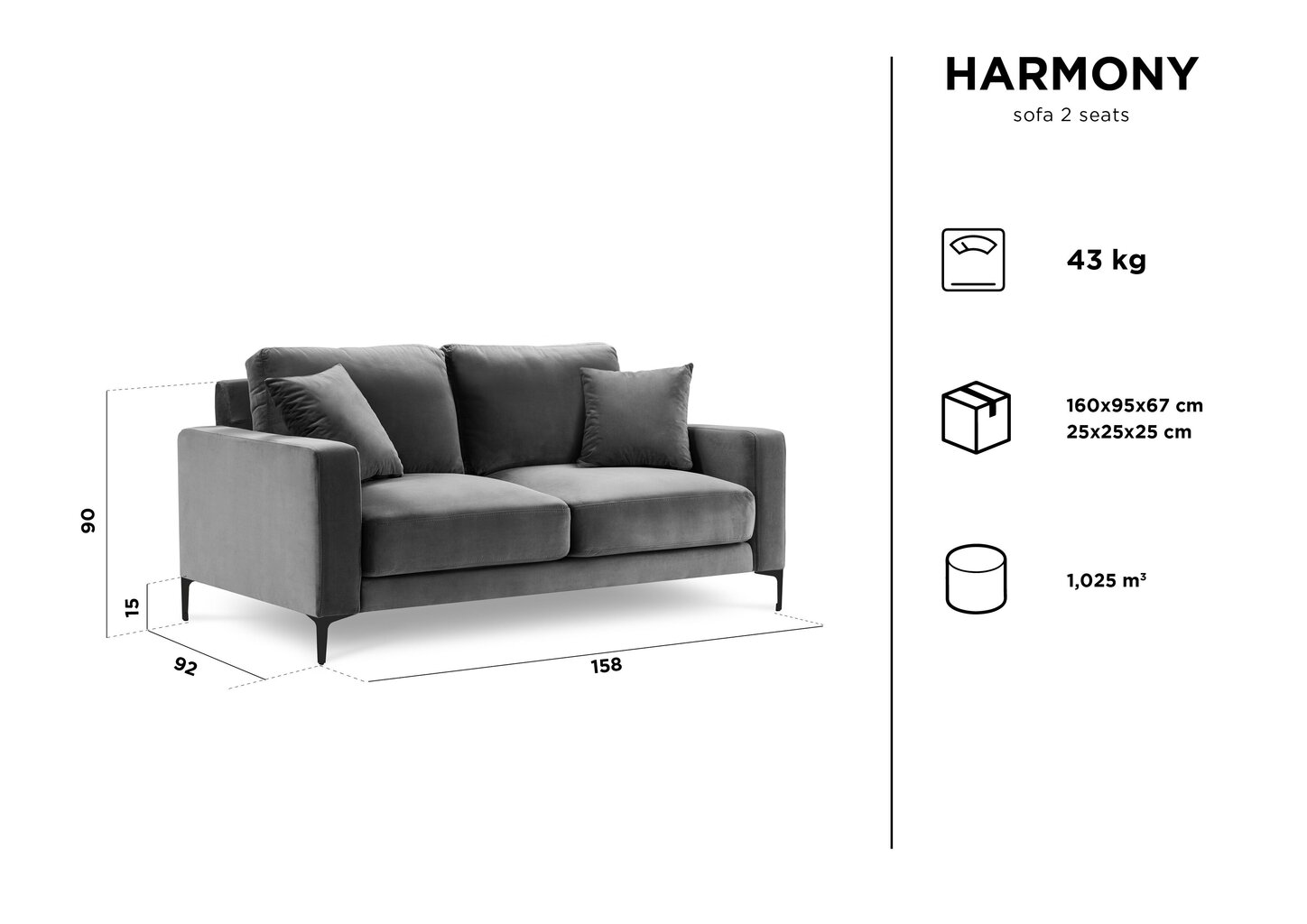 Kahden istuttava samettisohva Kooko Home Harmony, harmaa hinta ja tiedot | Sohvat ja vuodesohvat | hobbyhall.fi