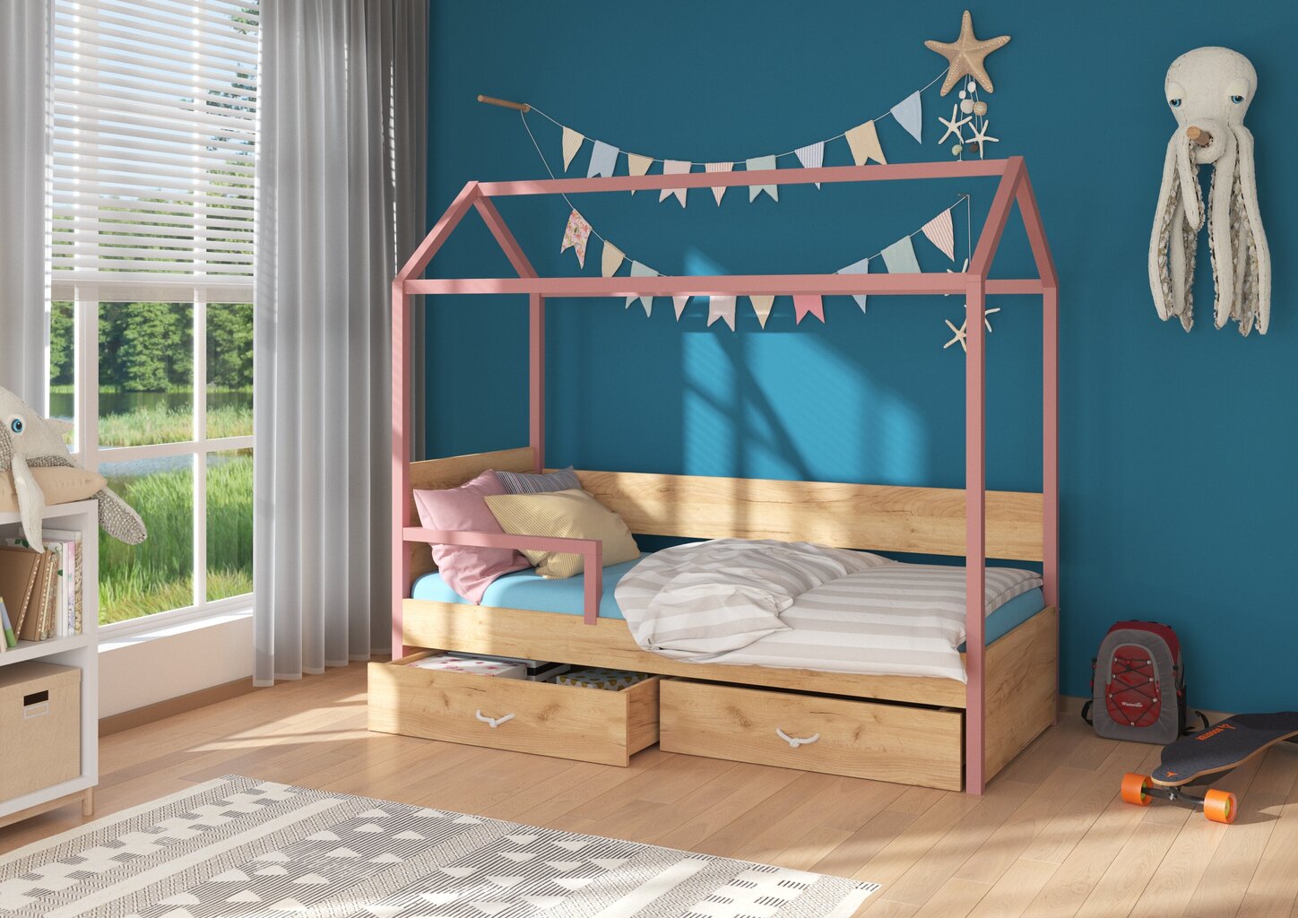 Sänky ADRK Furniture Otello 80x180 cm turvalaidalla, ruskea/roosa hinta ja tiedot | Lastensängyt | hobbyhall.fi