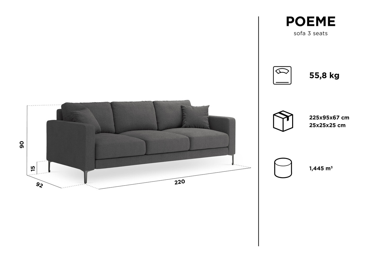 Kolmen istuttava sohva Kooko Home Poeme, tummanharmaa/musta hinta ja tiedot | Sohvat ja vuodesohvat | hobbyhall.fi